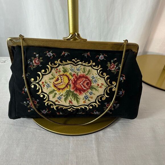 Vintage Golden Sachet West Germany Needlepoint Purse | 1950s–60s Floral Tapestry - Picture 2 of 16